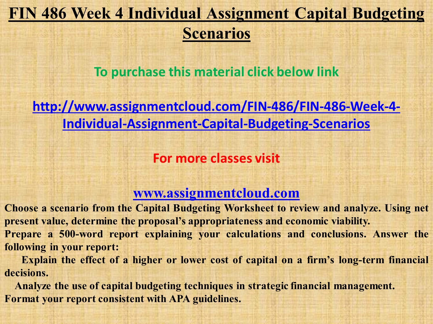 fin 486 week 4 individual assignment capital budgeting scenarios budgeting powerpoint presentation